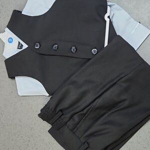 Boys Vest Outfit in black with light blue shirt, elastic pant waistband, Tie